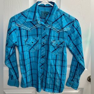 Blue purple, silver plaid pearl snap